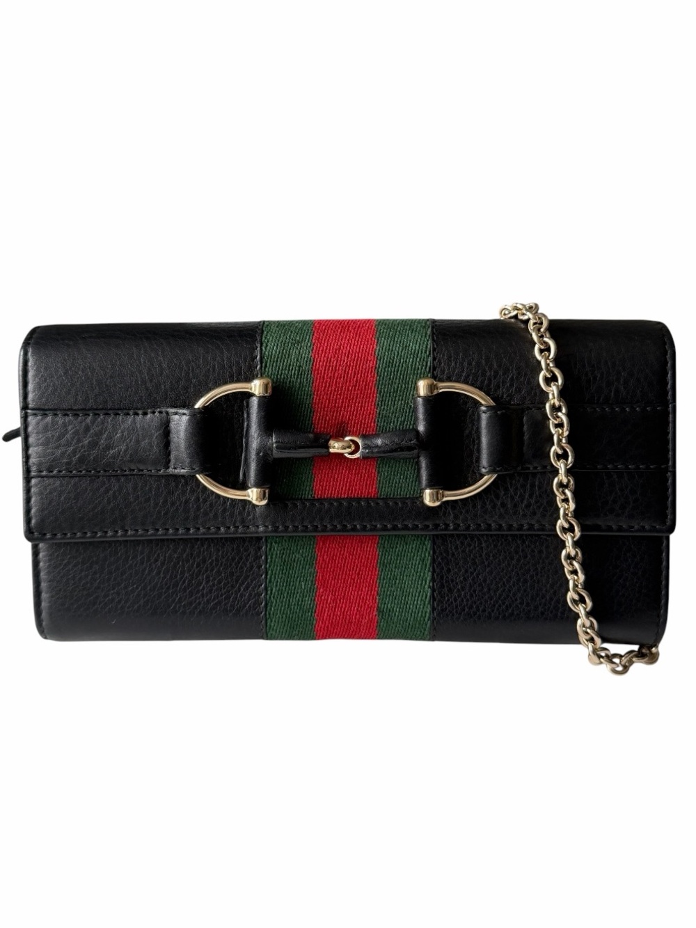 Gucci Horsebit Web Wallet On Chain Black Leather WOC Detachable Strap